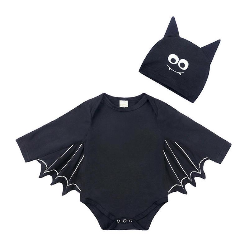 Trendy Infant Cotton Bat Rompers and Hat Set Batwing Sleeve Solid Halloween Animal Clothes Baby Jumpsuit Hat for Babies 70-100