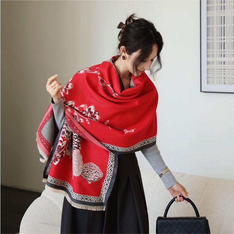 Autumn and Winter New Flowers Bloom and See Deer Jacquard Scarf Women's High-end Sense Versatile Imitation Cashmere Shawl Thickened Warm Scarf