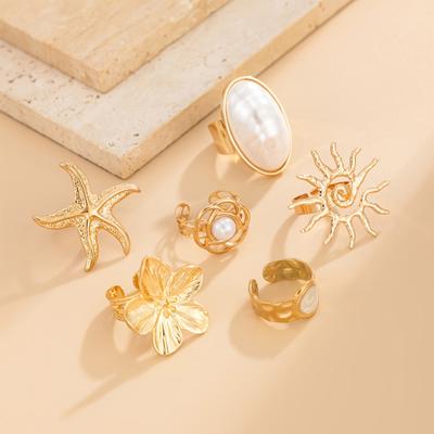 6Pcs/Set Finger Ring Set, Ocean Style Adjustable Ring with Imitation Pearl And Shell Texture, Bohemian Style Stackable Rings for Women