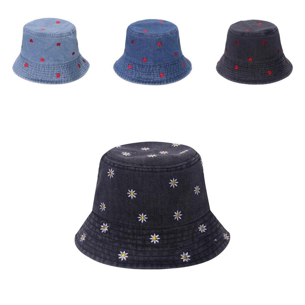New Spring Summer Floral Embroidered Fisherman Hat Women Korean Style Sun Hat Cute Black Blue Flower