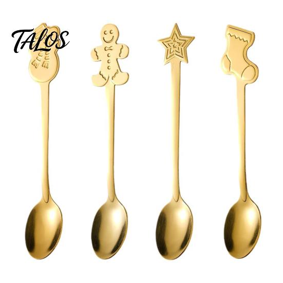 Cute Bear Coffee Stirrers 4Pcs Christmas Dessert Spoons, Stainless Steel Spoons with Gingerbread Star Shaped Stirring Man Stocking Snowman Handle,