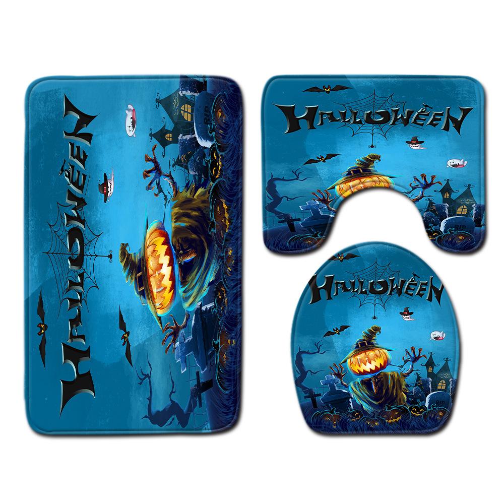 Halloween Shower Curtain Floor Mat Combination Four-Piece Set Bathroom Toilet Carpet Shower Room Foot Mat