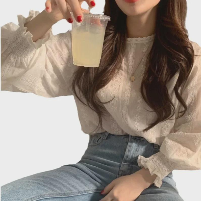 Dámský top s krajkovými rukávy v korejském stylu s laternou