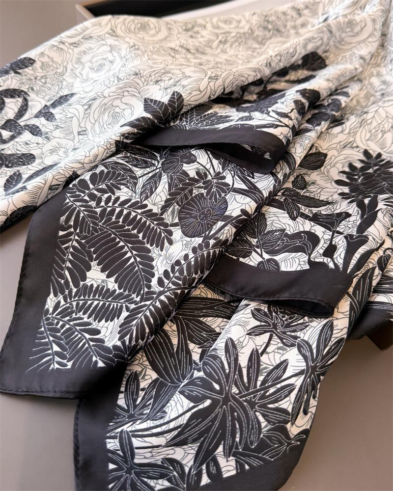 Luxury Botanical Printed Square Scarf Elegant Thin Smooth Neck Scarf Literary Decorative Silky Headband For Women