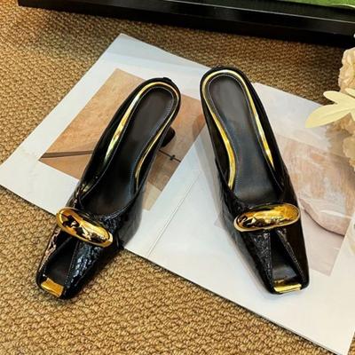 Retro Baotou Half Slippers Women Summer Square Toe Shallow Mouth Metal Buckle Versatile Sexy Wedge Sandals