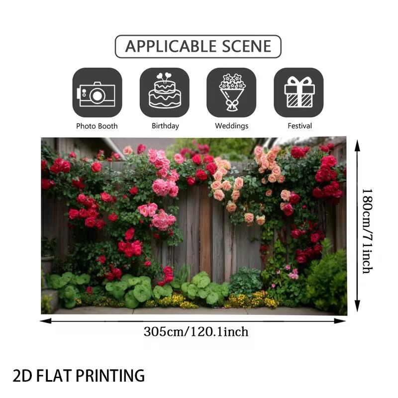 2D Vintage Timber Fence Full Bloom Rose Flower Yard Photo Background