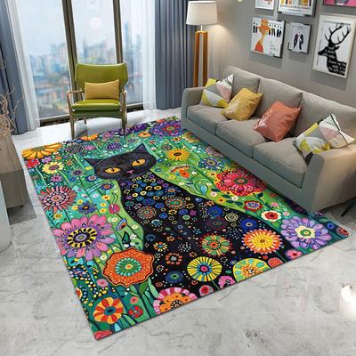 Abstrakter Teppich mit niedlicher schwarzer Katze für Wohnzimmer, Sofa, Schlafzimmer, Arbeitszimmer, Küche, Eingangsbereich, rutschfest, als Dekoration für Zuhause.