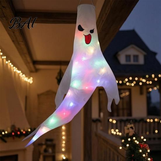 Festival Party Supplies 47 Inch Halloween Hanging Ghost Windsock with LED Lights, Luminous Flying Ghosts Knitted Fabric Flag Wind Socks for