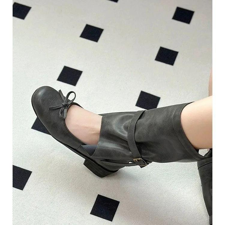 

Босоножки-сапоги из корейского дизайна, женские, 2024 г., балетки с бантом, полусапожки на плоской подошве, туфли Мэри Джейн, модные универсальные короткие сапоги в стиле вестерн 35