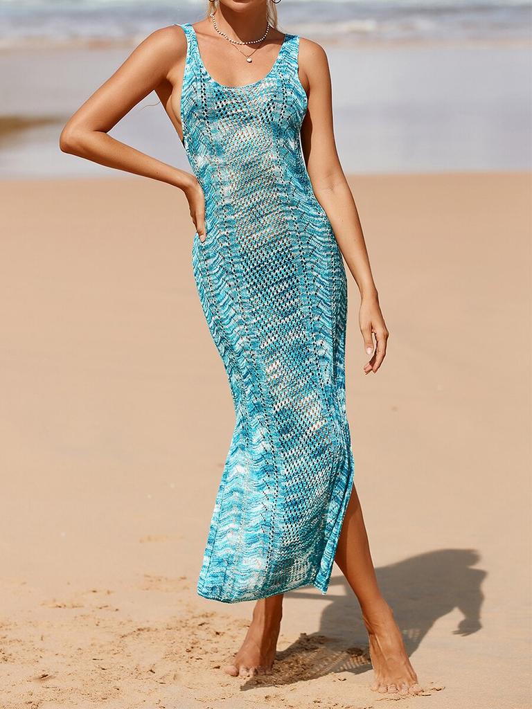 Women Summer Dress Sleeveless Hollowed See-through Slit Beach  Cover-up Dress