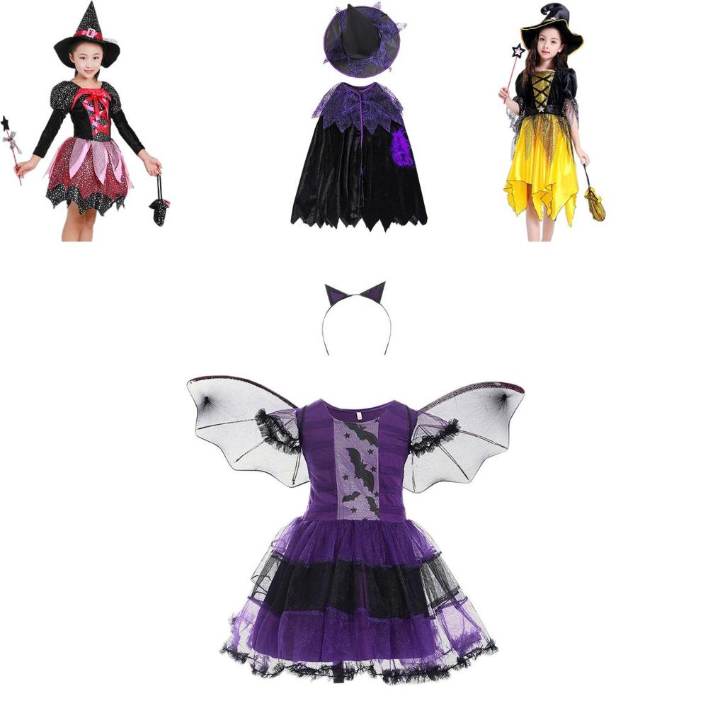 Adorable Children Halloween Witch Costume Gown For Girls With Stylish Bow Design
