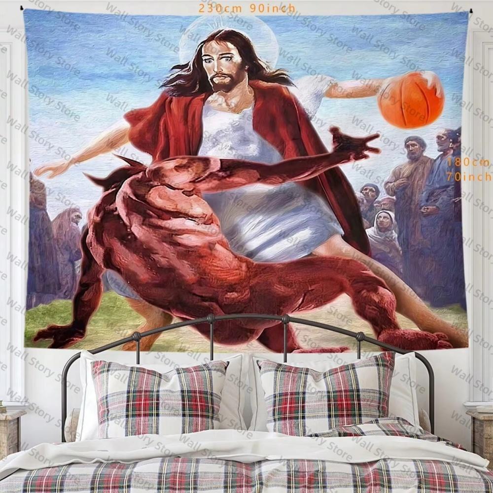 Jesus And Satan Playing Basketball Hanging Cloth Decorative Poster Christian Wall Decoration Aesthetics Tapestry Art Tapestry