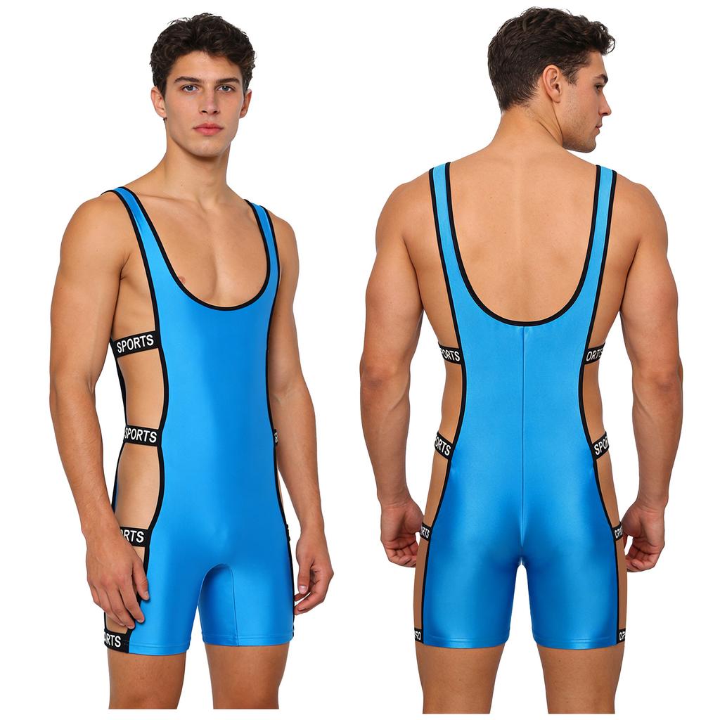 Men‘s Shiny One Piece Swim Bodysuit S-3XL Low Cut Neck Strappy Side Open Elastic Waistband Boxer Bottom for Bodybuilding Pool Training