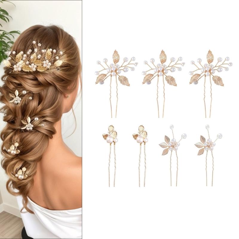 7PCS Golden Leaf Pearls Hairpin For Women Elegant Hair Styling Accessory Strong Hold Wedding Party Headpiece Photo Wear