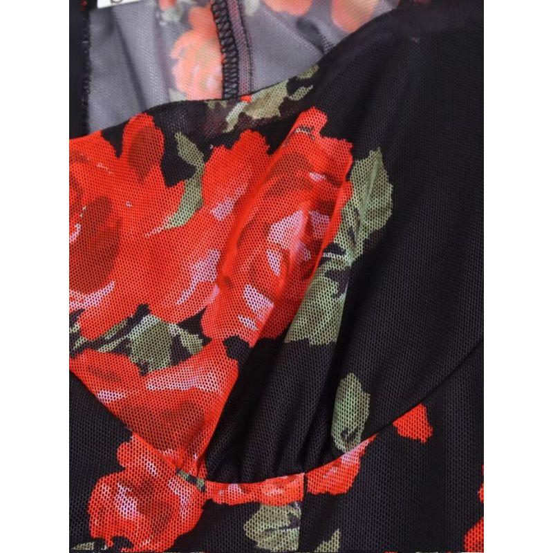 Kaslead New Arrival Women's Clothing Fashion Style Fashion Square Collar Mesh Floral Print Waist-Tight Elegant Ruffled Long Dress