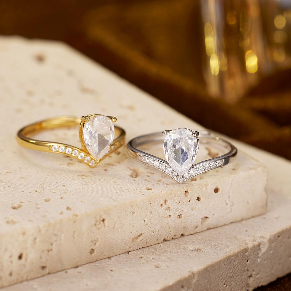 S925 silver crown ring women's V-shaped zircon live adjustable ring literary and retro jewelry green diamond jewelry