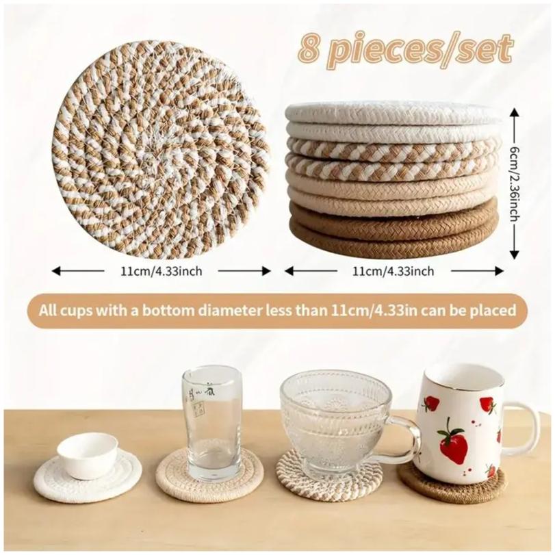 Set da 8 Bicchierini Assorbenti per Bevande, Sottobicchieri Minimalisti Intrecciati in Cotone Decorazione Tavolino da Caffè Bicchierini Carini Boho