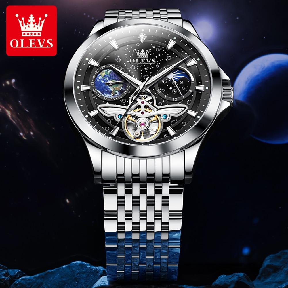 OLEVS 6705 Mens Mechanical Watch Luxury Original Flywheel Automatic Watch Waterproof Moon Phase Luminous Sports Watches