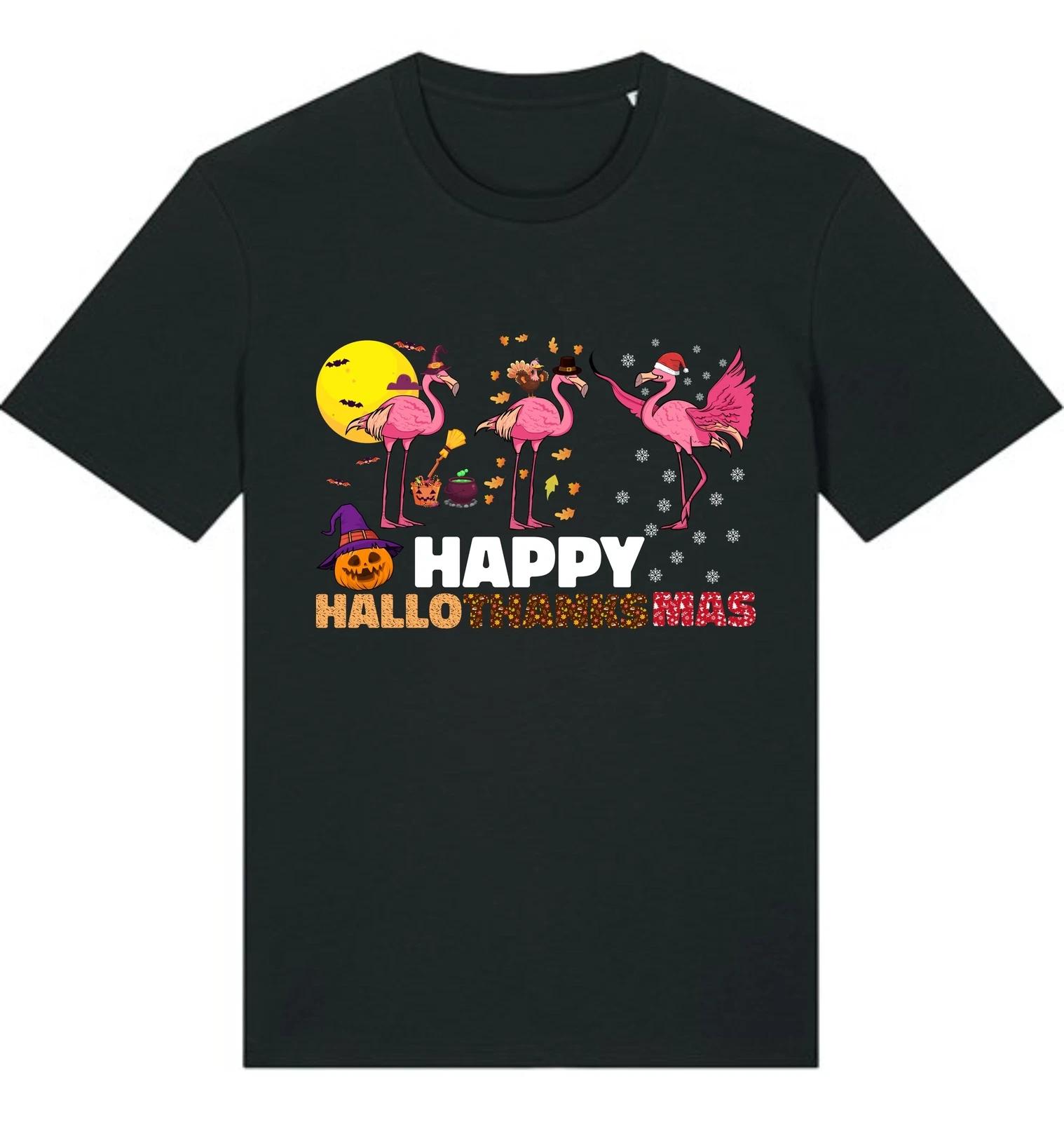 Happy HalloThanksMas Flamingo T Shirt,Halloween Thanksgiving Christmas,Funny Tee L
