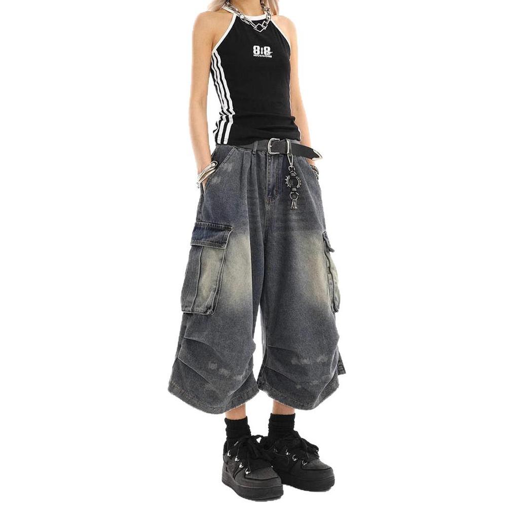 Pantaloni Capri din Denim cu Buzunare Multiple pentru Femei în Stil Retro American - Largi, cu Picior Lat, Lungime Medie, Haine de Lucru de Vară