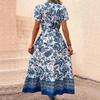 Retro Blue Ethnic Print Holiday Dress - Slim Fit