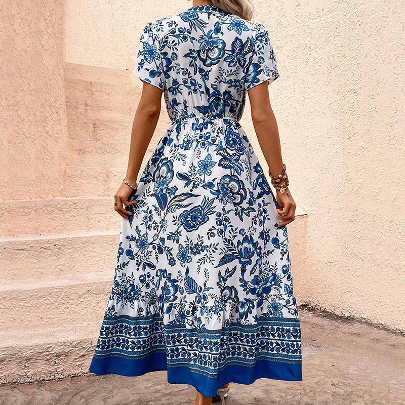 Retro Blue Ethnic Print Holiday Dress - Slim Fit
