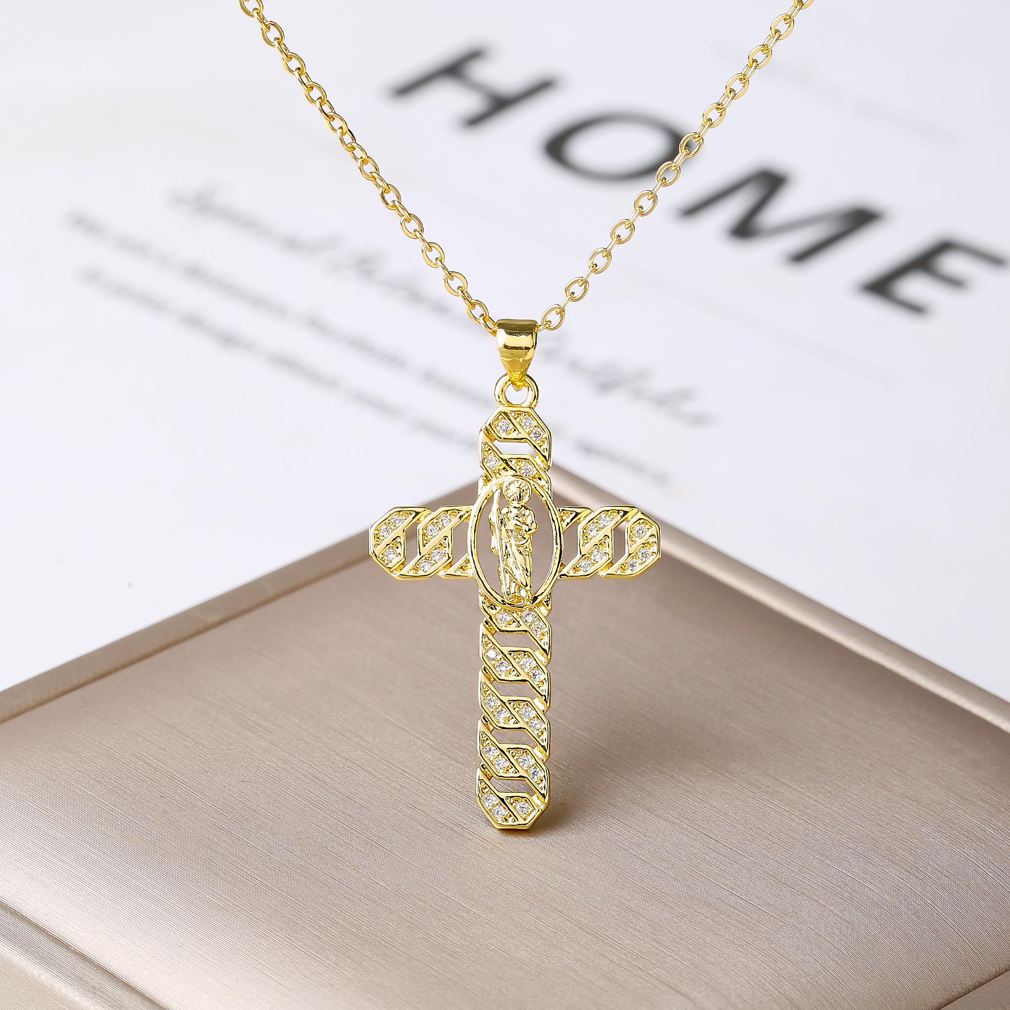 

Classic Angel Wing St. Jude Virgin Mary Cross Necklace Gold Tone CZ Inlay Heart Charm Catholic Religious Jewelry for Men Women