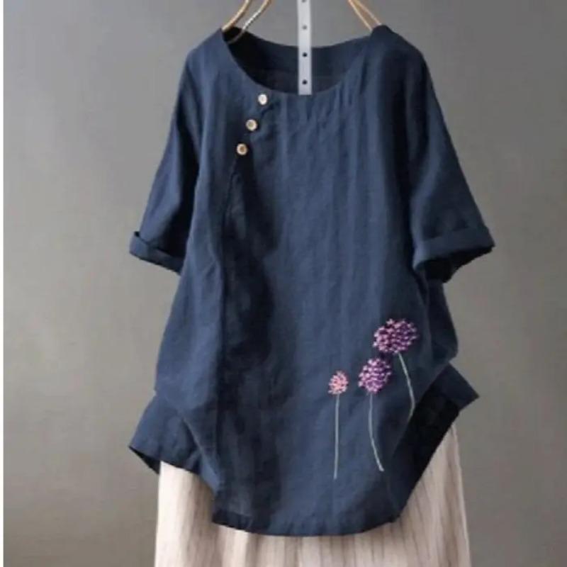 Camicia Taglia Grande Estate Taglie Forti Abbigliamento Donna Ampia, Stile Occidentale Riducente dell'Età Cotone e Lino Ricami Casual T-shirt Top a Media Lunghezza