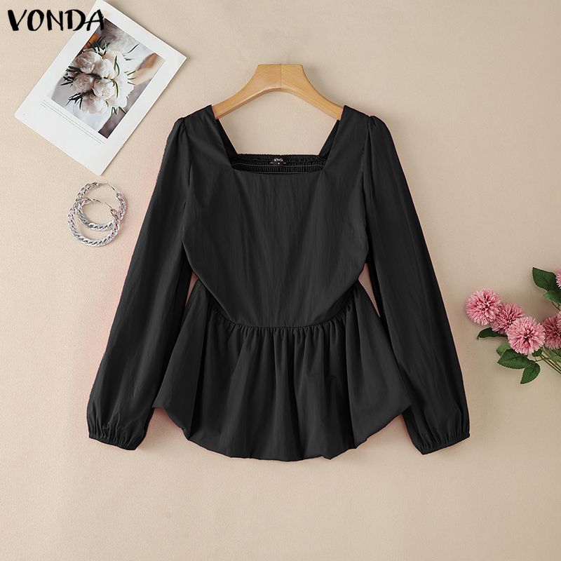 VONDA Womens Square Collar Long Sleeve Ruffled Casual Rumple Blouse Shirts