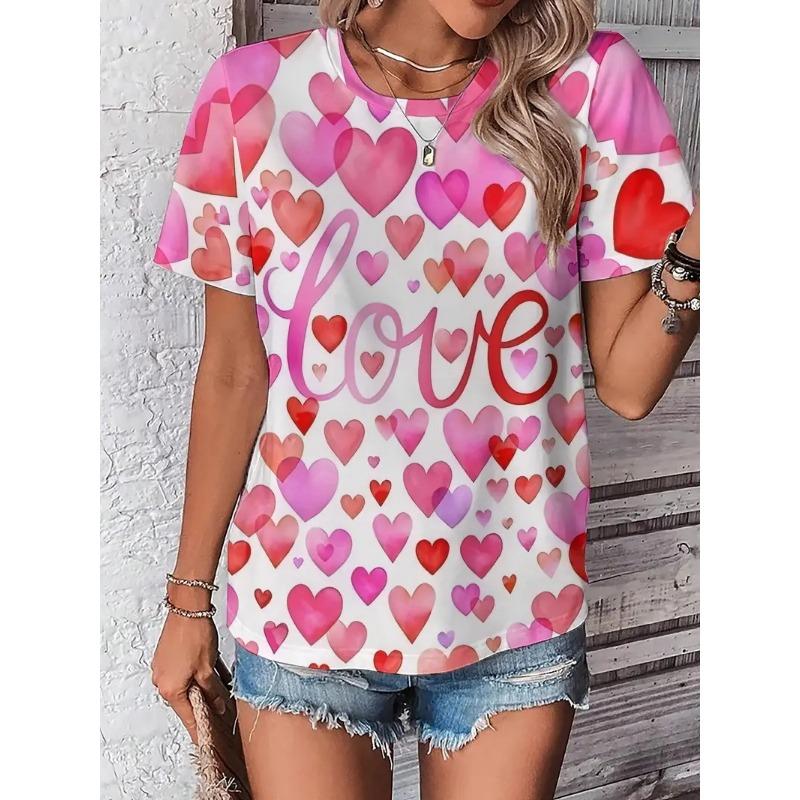 Heart Print Crew Neck T-Shirt For Women Casual Short Sleeve Leopard Love Tshirts Top Women's Ladies Valentine's Day T Shirt