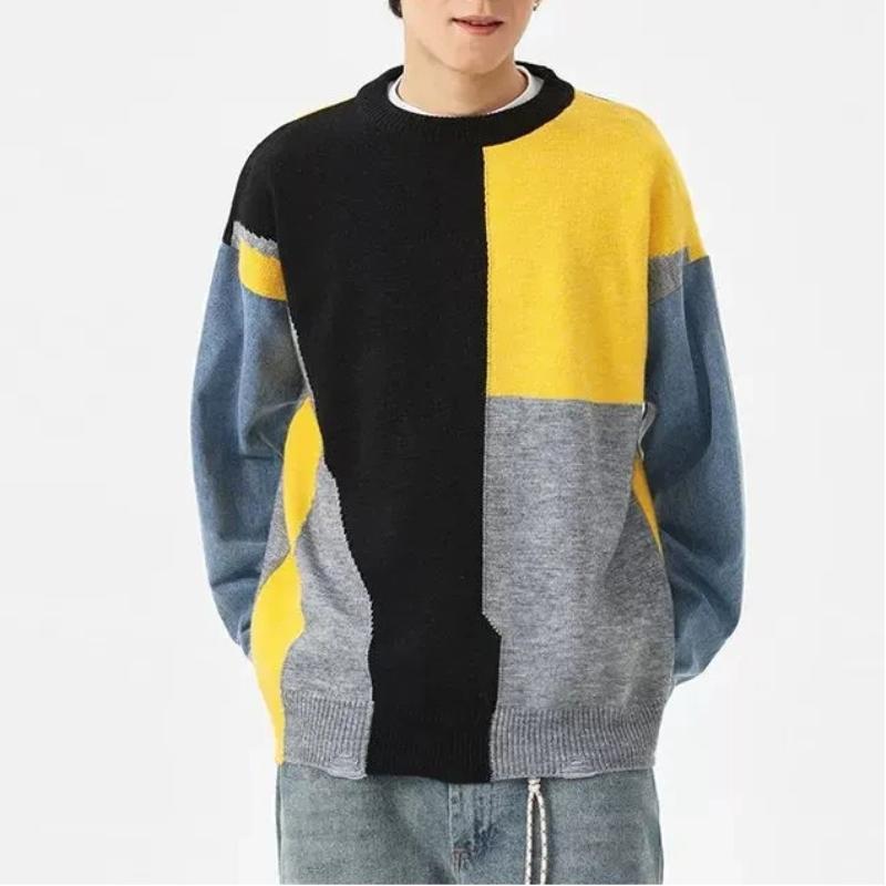 

Мужской парный свитер Осень Зима Новый японский стиль Цветной блок Панельный Круглый вырез Свободный вязаный топ M жёлтый