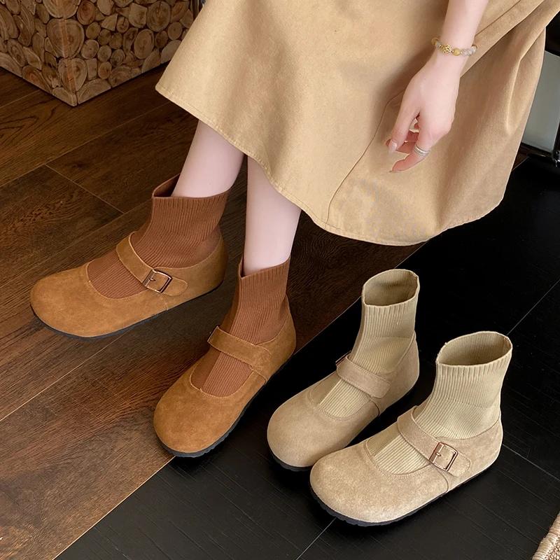 Fashion Women's Flat Boots Round Toe Belt Buckle Soft Suede Leather Shoes Women Leisure Dress Fashion Retro Flats Zapatillas De Mujer