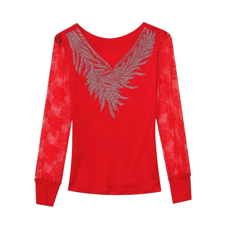 Women's Spring/Fall Custom-Fit Slimming Base Layer Top with Lace V-Neck Mesh Long Sleeves