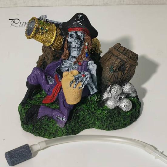 Resin Fish Ornament Pirate Skeleton Aquarium Bubbler, Underwater Tank Ornament, Air Bubbler with Hose Stone for Freshwater And Saltwater Tanks