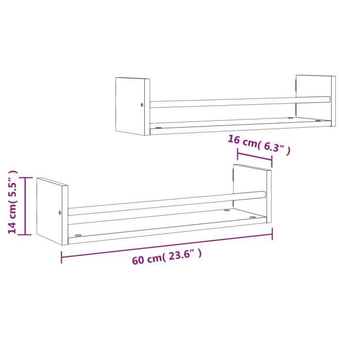 VidaXL Étagères murales avec barres 2 pcs noir 60x16x14 cm 835434