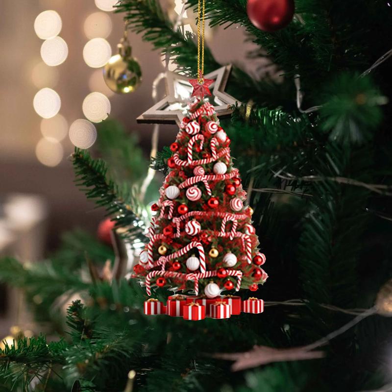 2024 Christmas Hanging Christmas Tree Ornaments Pendant with Candy Cane Ball Gift Box Decor for Home Party Table Decor