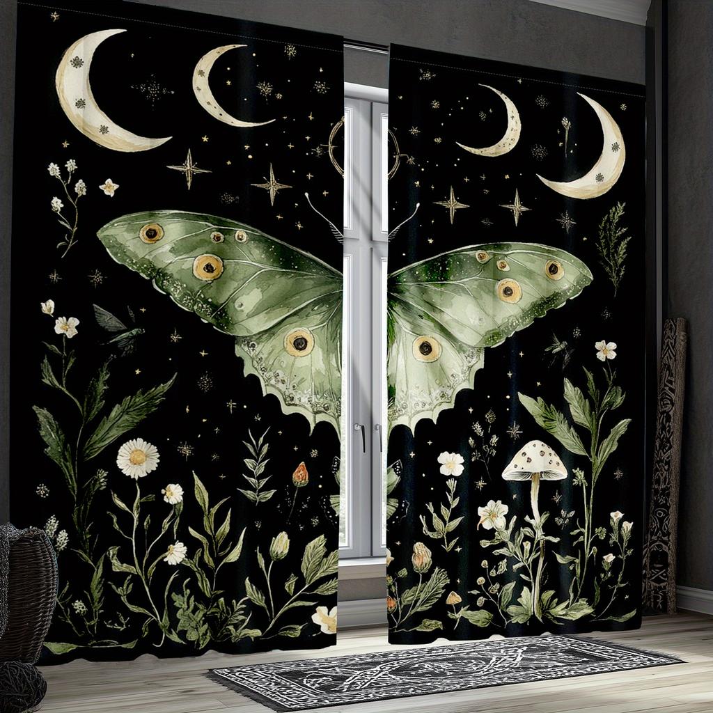 Moth And Moon Curta Botanical Art Print Window Drapes Spiritual Home Decor Living Room Bedroom Boho Style Unique Design
