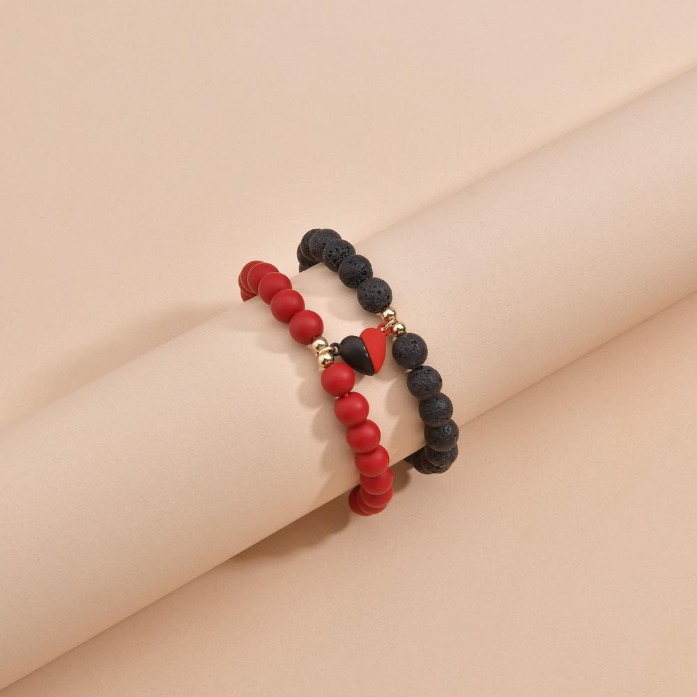 2 Piece Creative Fashion Beaded Magnetic Charm Love Pendant Knitted Couple Bracelet Jewelry Gift Wrist Accessories