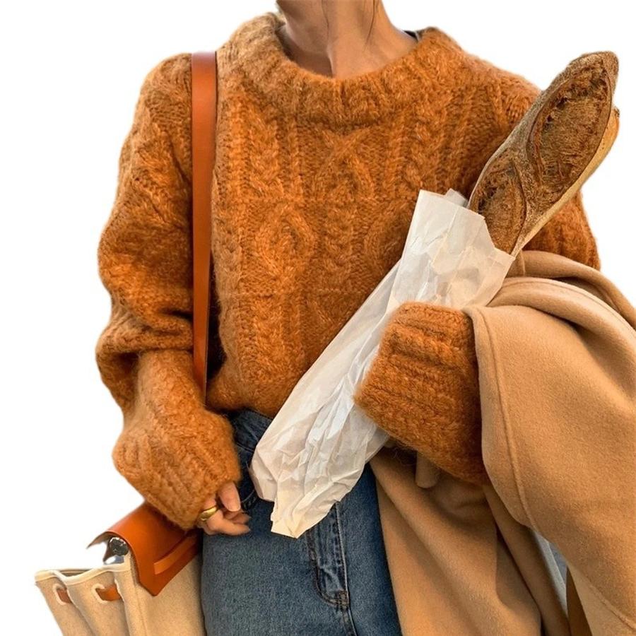 Chunky Knit Chunky Yarn Twisted Sweater Women's Outerwear Autumn Winter New Style Retro Lazy Style Loose Crew Neck Knit Top