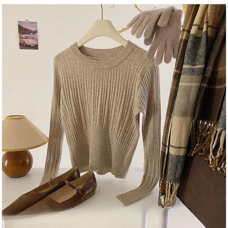 Slim-fit crew neck bottoming shirt for women's spring and autumn new sweater with long-sleeved women's solid-color knitted sweater top for women
