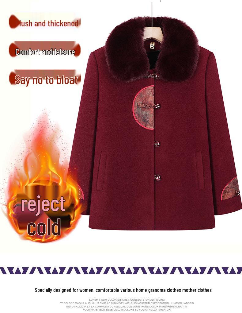 Chinese Style Winter Fur Collar Coat for Elderly Women - Thick Cotton Velvet Jacket