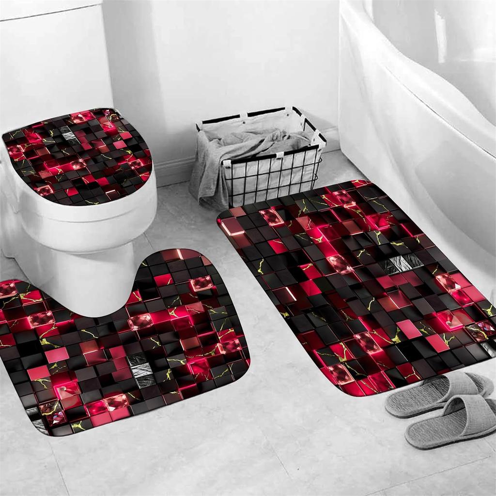 4Pcs Shower Curtain Set with Non-Slip Bath Mat, Toilet Lid Cover, Contour Rug & 12 Hooks, Bathroom