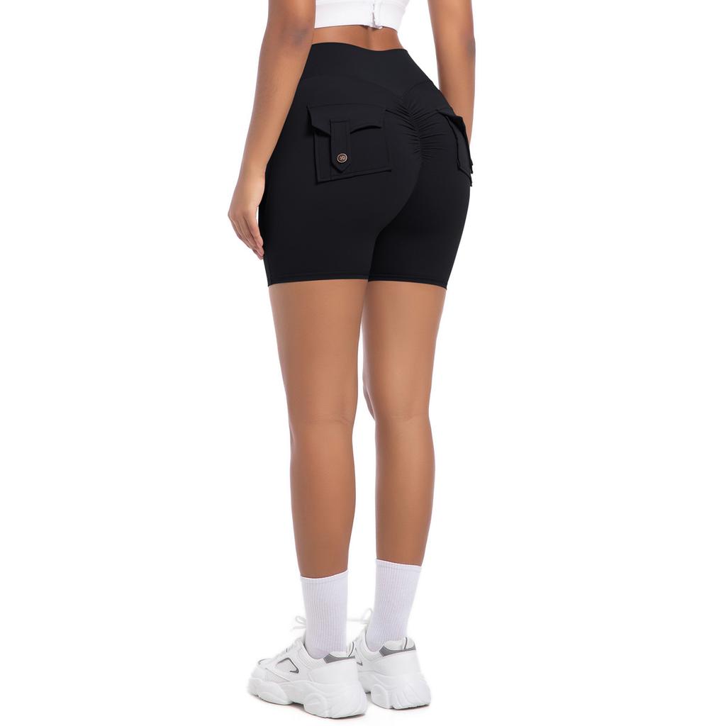 Workwear Pocket Tight Shorts Women's High Waist Elastic Hip Lifting Button Yoga Pants Speed Drying Running Fitness Pants