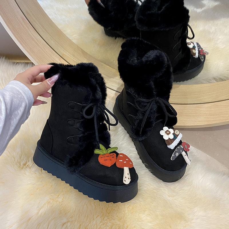 Women's Lace-up Large Size Thick Sole Winter Warm Fur Snow Boots Padded Lined Ankle Boots Anti-slip Hiking Sports Cotton Boots