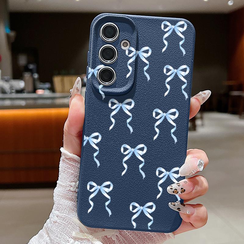 

Тонкий матовый чехол с бантом для телефона Samsung S25 S24 FE S23 Ultra S22 A36 A56 A16 A55 A26 A35 из ТПУ кожи с текстурой, мягкий противоударный бампер Samsung A16 синий