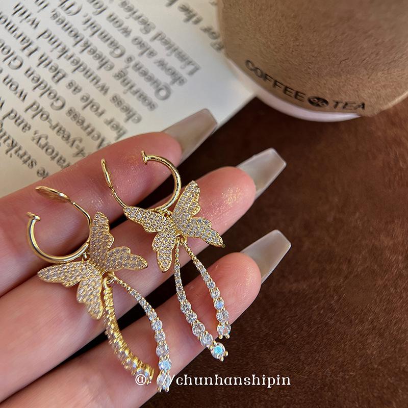 Copper Micro-inlaid with Zirconium Butterfly Fairy Smart Mosquito Coil Disc Ear Clips Without Ear Piercings,fashionable Long Exaggerated Earrings