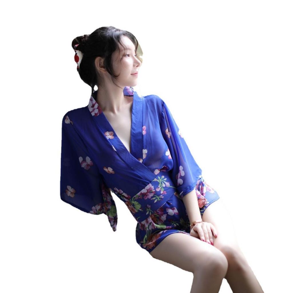 New Japanese sexy kimono deep V milk role-playing bathrobe passion floral set a piece