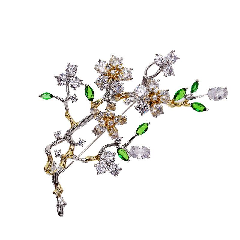 Elegant Plum Blossom Flower Cubic Zirconia Brooches Pin Lady Scarf Buckle Wedding Jewelry Accessory for Women HR04091