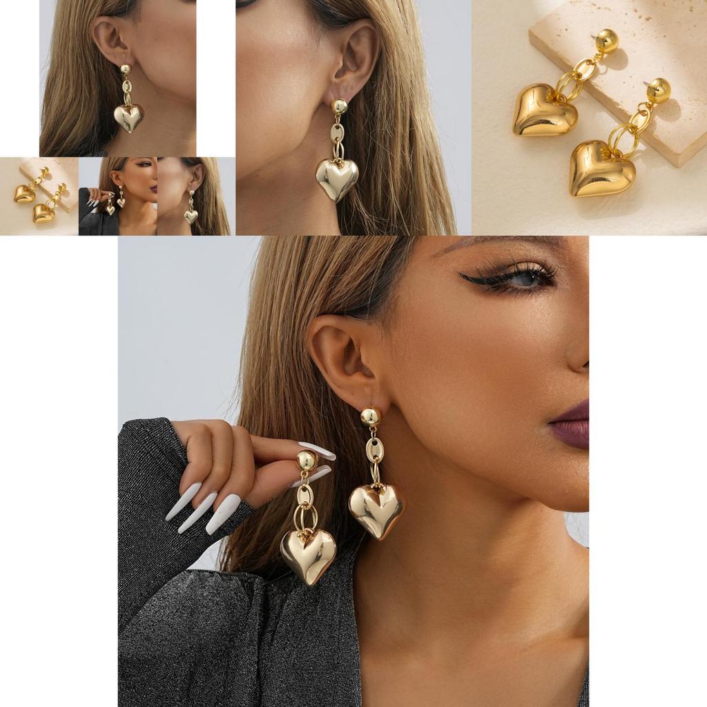 Trendy Gold Heart Pendant Earrings Vintage Geometric Heart Studs Fashion Street Style