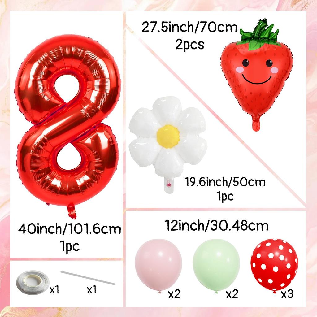 12pcs Strawberry and Red Polka Dot Digital Balloon Set  40 Inch Aluminum Foil, Suitable for Birthday Parties and Celebrations